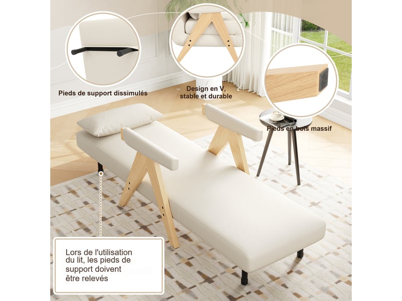  Fauteuil convertible 3-en-1 beige en polyester aspect lin 64x60x87 cm, dossier 6 positions, 1 place, salon chambre bureau N653P242345A - Conforama R