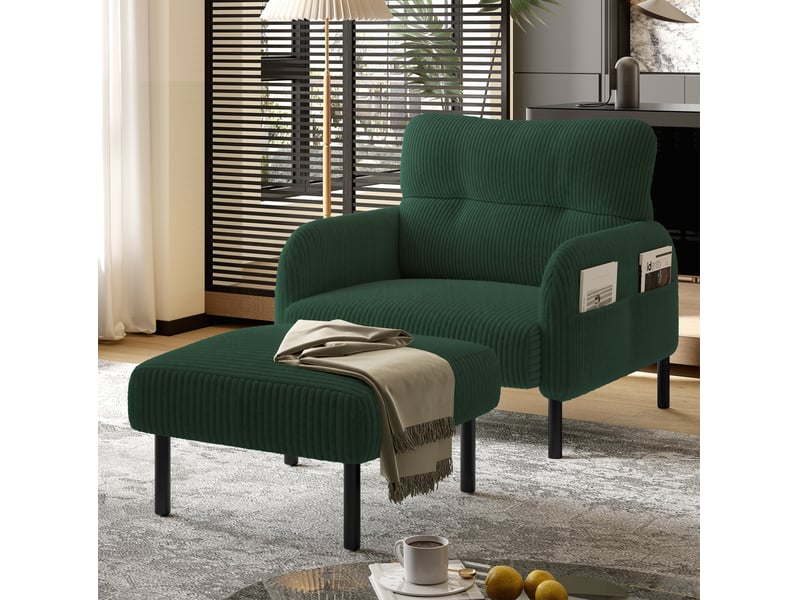  Fauteuil en velours côtelé emerald avec poches latérales et pieds en métal  - Conforama D