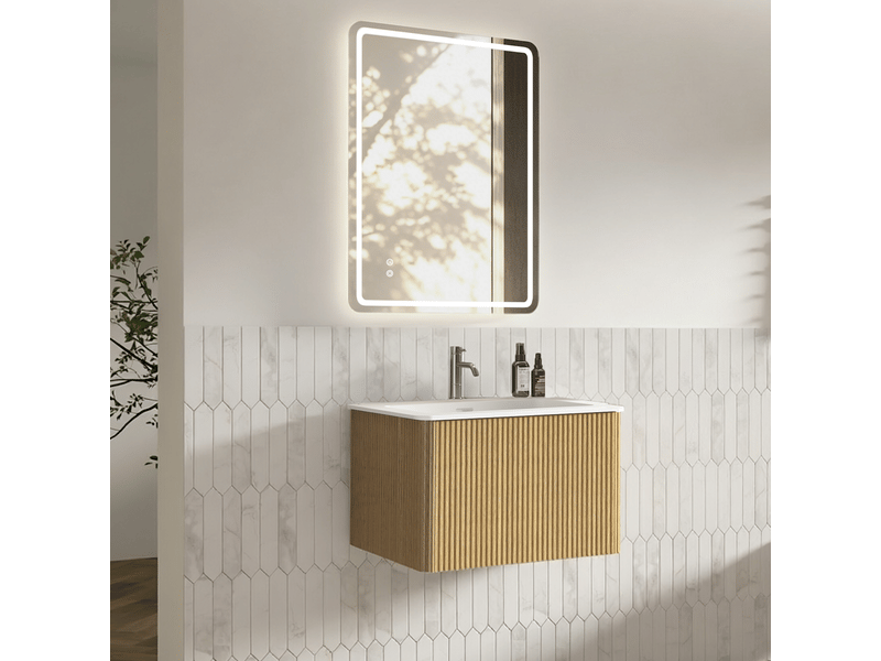  Ensemble meuble de salle de bain 60 cm avec vasque, miroir led 60x80 cm, chêne  - Conforama C