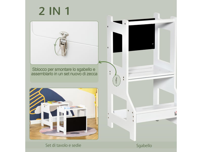  Échelle montessori 2 en 1 détachable en mdf avec tabouret et tableau noir inclus, pour enfants de 3 à 6 ans, blanche  - Conforama E