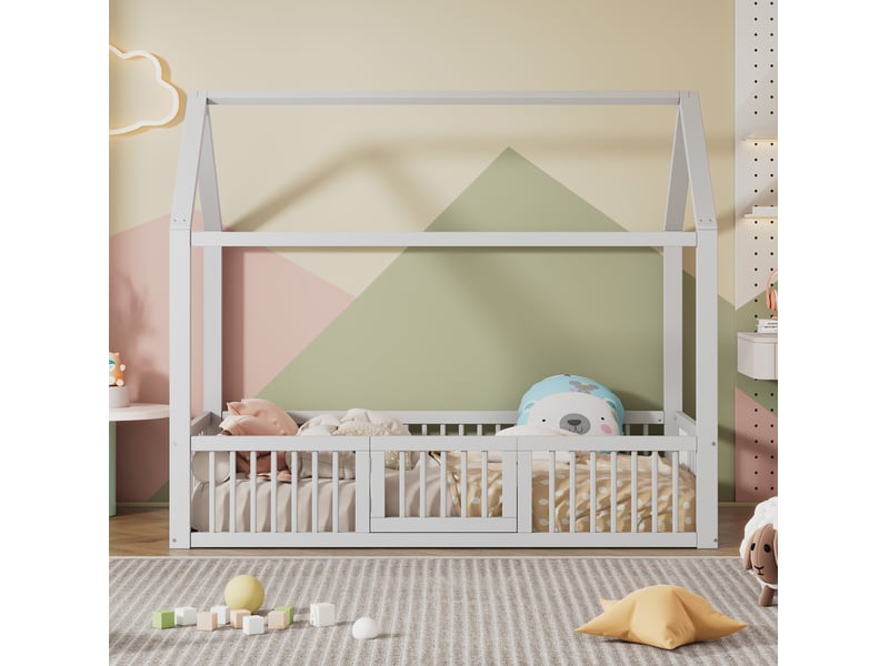  Lit cabane enfant 90x200 cm blanc avec barrières et portillon  - Conforama D