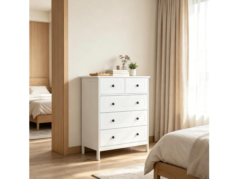  Commode 74x40x91 cm, 5 tiroirs, en mdf, blanc, poignées rondes noires, pieds de 10 cm  - Conforama E