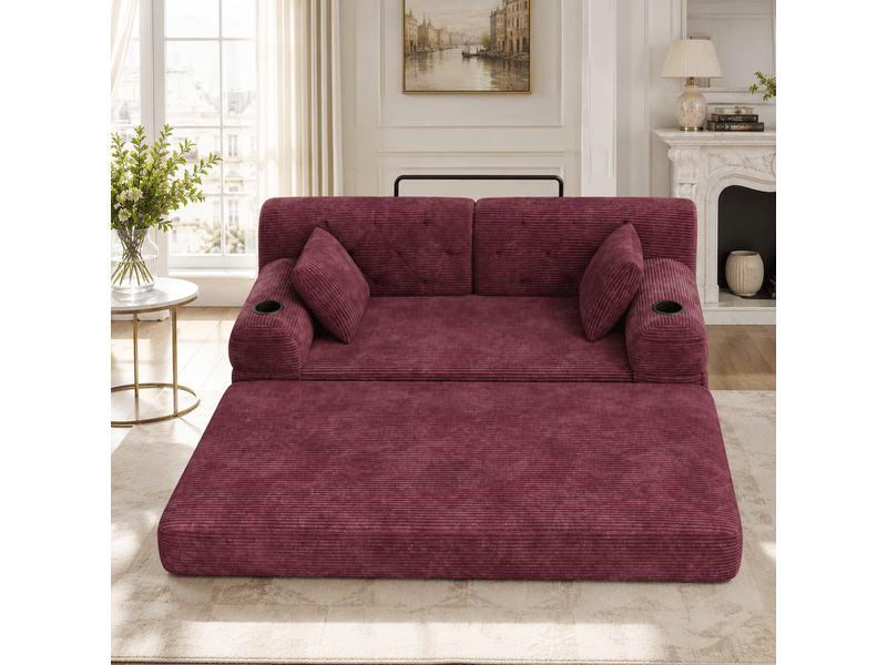  Canapé convertible 3 places avec dossier haut et porte-gobelets -  4 poches, velours côtelé bordeaux  - Conforama E