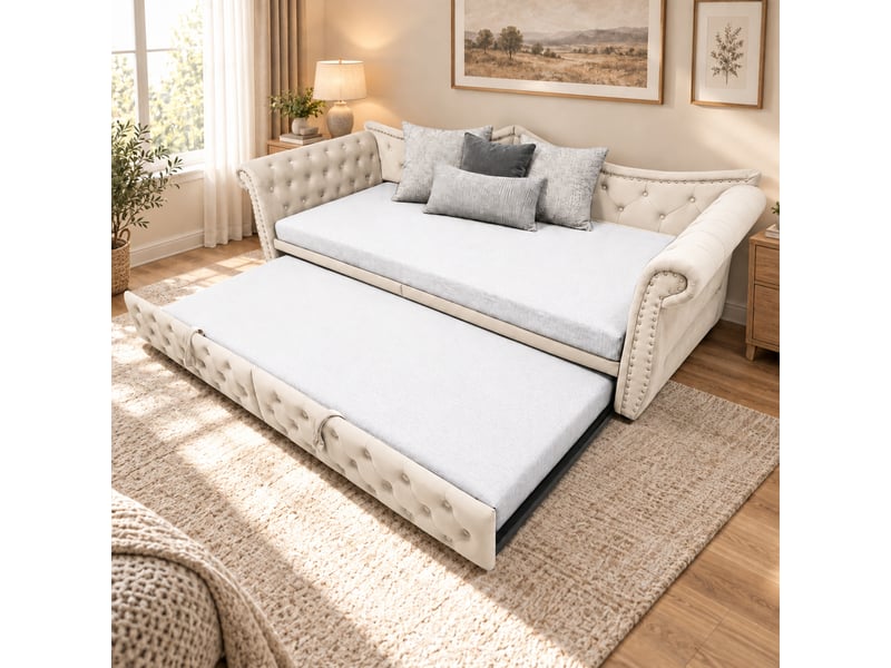 Canapé-lit 3 en 1 capitonné 90x200cm,lit gigogne extensible en 180cm,usb et éclairage led,finition cloutée,velours,sans matelas,beige - Conforama R