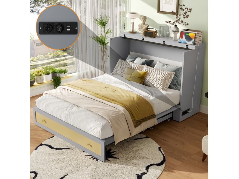 Lit escamotable, 140x200 cm, lit rabattable, avec tiroirs pratiques, étagère, matelas non inclus, mdf, coloris gris  - Conforama E
