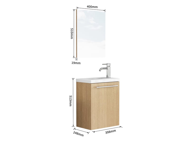  Meuble sous-vasque mural 40x25x48 cm avec lavabo céramique et miroir, chêne  - Conforama C