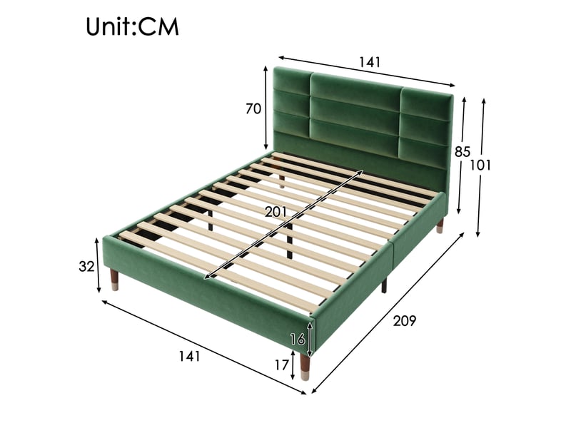  Lit adulte double 140x200 cm en velours vert foncé avec sommier à lattes et matelas  - Conforama C