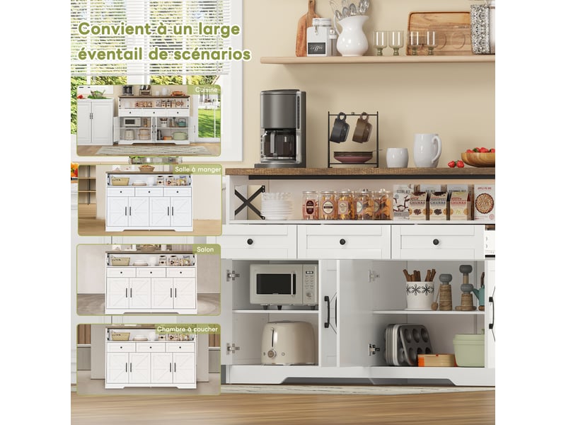  Buffet 140x35x95 cm avec rangement spacieux, 3 tiroirs et 2 portes, design rustique moderne, mdf, marron et blanc  - Conforama E
