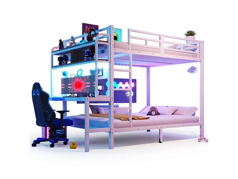 Lit superposé 140x200 cm, fer blanc, avec rangement, bureau, led, usb, barrière, échelle, sans matelas - Conforama A