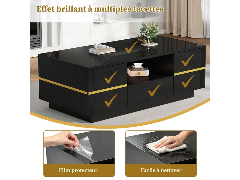  Table basse avec rangement 100 x 50 x 35 cm éclairage led table de salon compartiment ouvert 2 portes charge maximale 30 kg finition noire accents dorés style moderne  - Conforama D