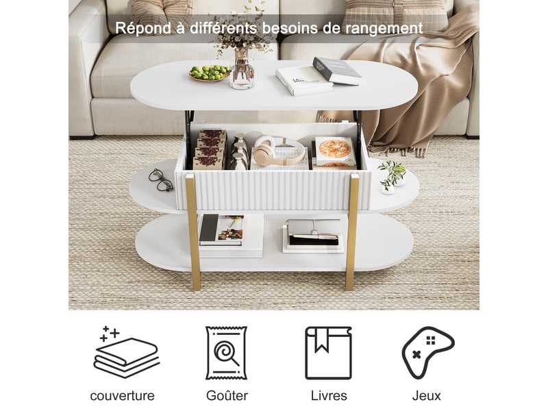 Table basse relevable 106x45x50-63 cm avec rangement multicouche, table de salon et d’appoint, pour salon, métal blanc - Conforama R