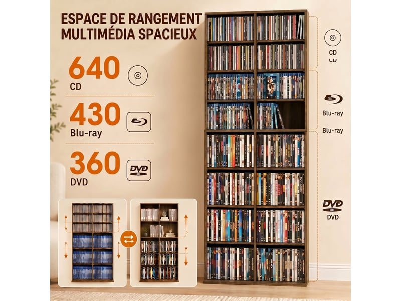  Rangements pour cd et dvd 18 compartiments 78,5x24x175cm noyer foncé  - Conforama D