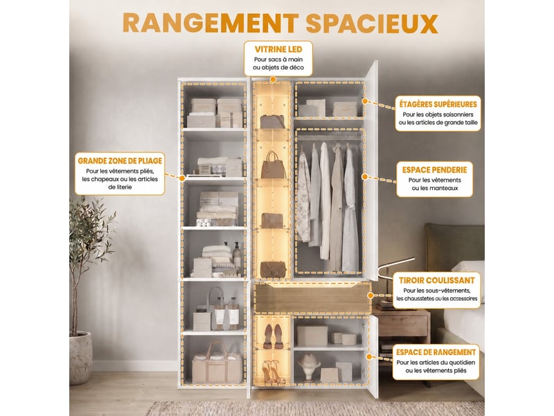 Armoire blanche avec vitrine éclairée led, penderie, 1 tiroir, 122 × 50 × 200 cm - Conforama D