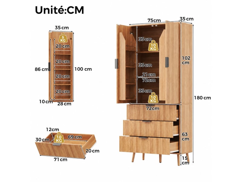  Meuble de cuisine muvano, armoire haute avec 2 portes et 3 tiroirs, 75 x 35 x 180 cm  - Conforama W