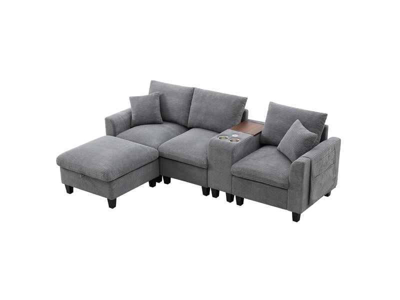  Canapé d'angle modulaire 4 places en velours côtelé gris avec usb et rangement  - Conforama A