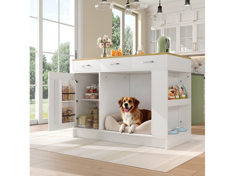 Îlot de cuisine 120x60x90 cm avec 3 tiroirs, 1 range-épices, plateau réglable, mdf, blanc - Conforama E