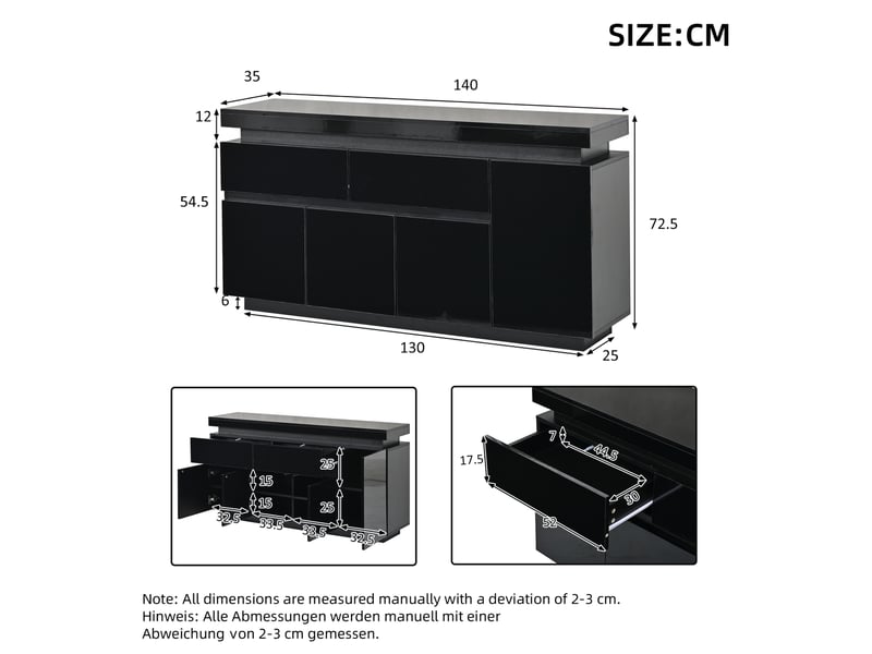  Meuble tv avec 4 portes, 2 tiroirs, étagères réglables et éclairage led pour salon noir 140 × 35 × 72,5 cm  - Conforama C