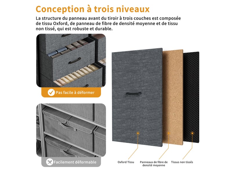  Commode 9 tiroirs - 100x30x100cm - meuble de rangement en tissu avec étagère bois, poches &amp; crochets - gris  - Conforama D