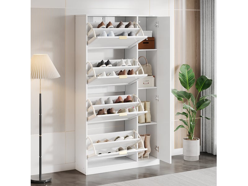  Meuble à chaussures ulevr avec miroir, 4 compartiments abattants, étagères réglables, 80 x 147 x 24 cm, blanc, panneaux de particules  - Conforama E
