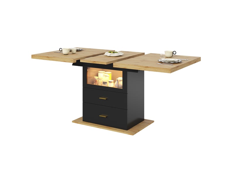  Table à manger extensible 140x80x75 cm - mdf bois + métal - 6 personnes - led éclairage intégré - 2 tiroirs  - Conforama A
