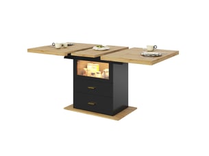 Table à manger extensible 140x80x75 cm - mdf bois + métal - 6 personnes - led éclairage intégré - 2 tiroirs