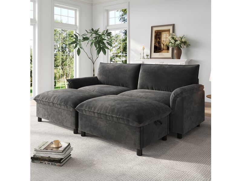Canapé droit modulable 216x77x82 cm, dossier élevé, assise profonde et coffre ottoman amovible, chenille noir, pour le salon - Conforama E