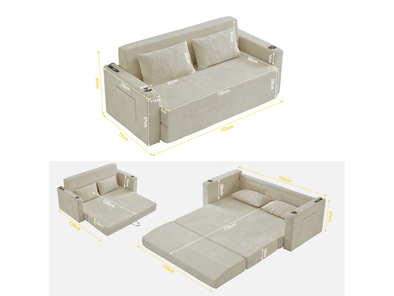 Canapé-lit pliable 2 places au sol en chenille brillante, avec port usb, 2 porte-gobelets, 2 poches latérales et 2 coussins, gain de place  - Conforama E