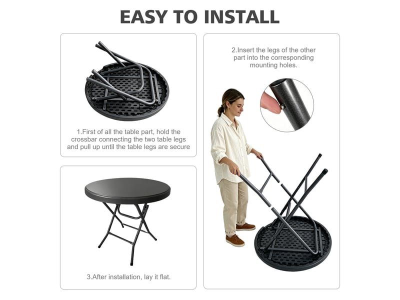  Table pliante ronde en hdpe avec piètement métallique repliable, montage sans outil, 80 cm, capacité 136 kg  - Conforama D