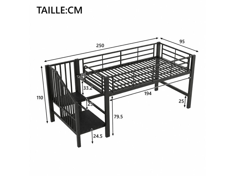  Lit mezzanine enfant 90x200 cm en métal et mdf, lit simple avec escalier de rangement, matelas non précisé, noir  - Conforama D