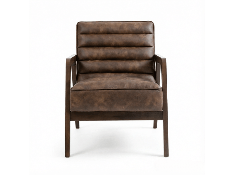  Fauteuil de salon avec assise large, dossier incliné, coussin épais et accoudoirs en polyuréthane et bois brun  - Conforama A