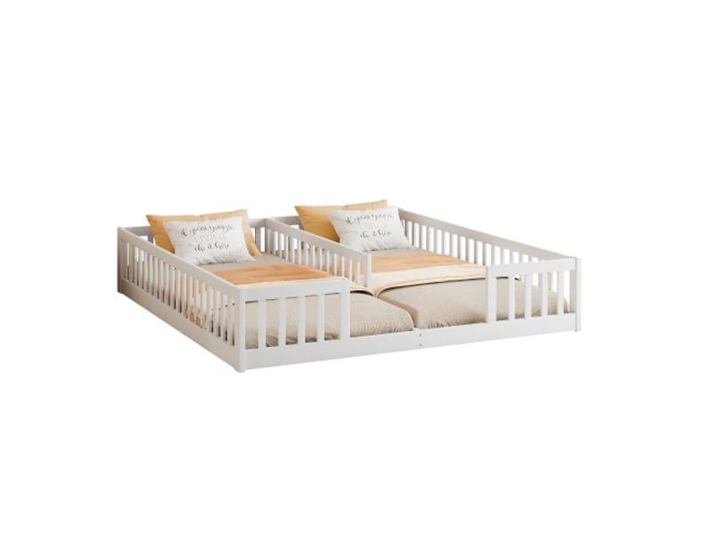  Lit enfant 90x200cm,lit double en pin avec grille et barrière de sécurité,blanc lit enfant gris - Conforama A
