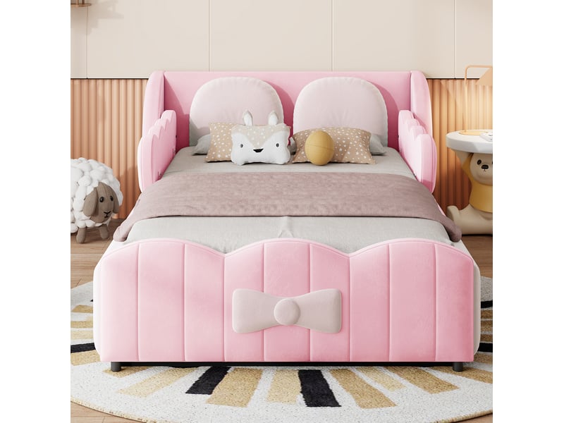  Lit coffre enfant 90 × 200 cm 1 place avec rangement hydraulique et 2 coussins, sans matelas, velours rose  - Conforama C