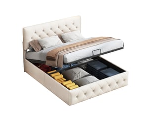 Lit coffre 2 places 160x200 cm, lit adulte avec rangement, tête de lit réglable, velours beige