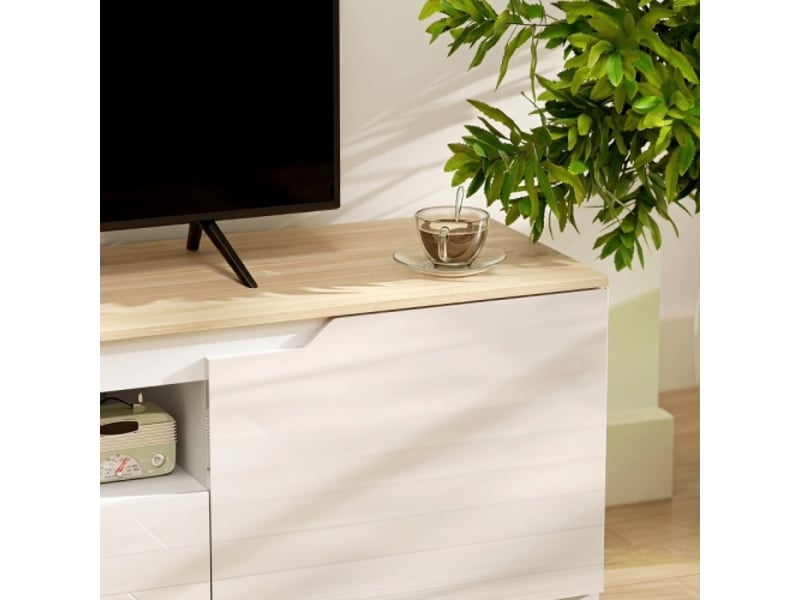 Meuble tv laqué brillant 65 pouces – 3 compartiments + tiroir, 160 × 38 × 43 cm, bois naturel - Conforama D