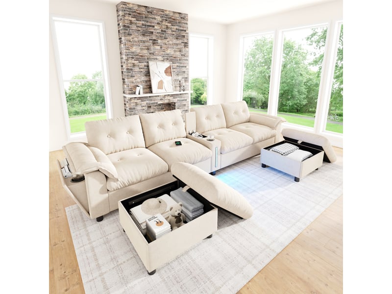  Canapé d'angle modulable - 6 places - forme l - rangements intégrés - éclairage led - usb et type-c - ottomans - pratique - beige CozyNest - Conforama C