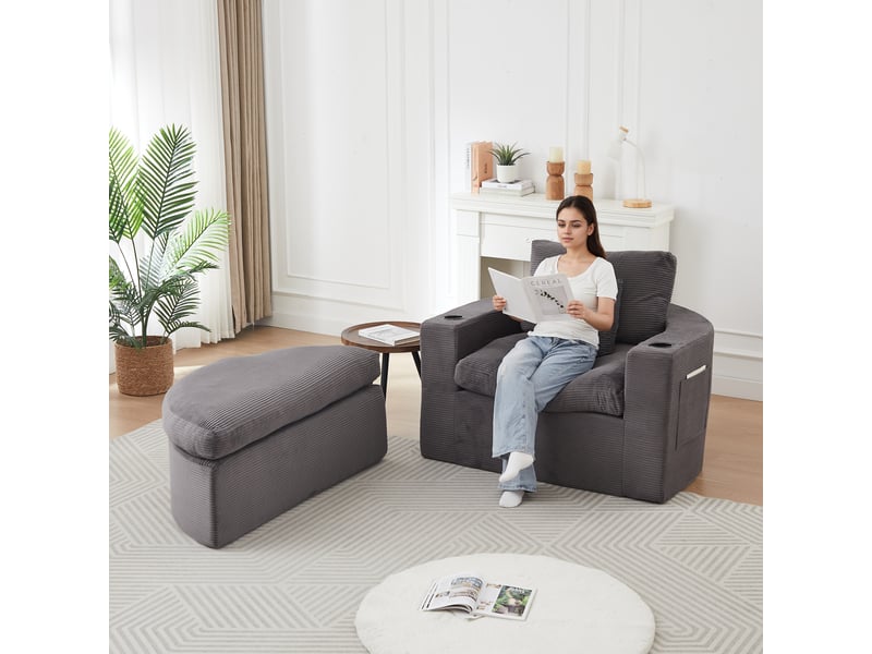  Fauteuil lounge rond extra grand sans armature avec pouf, rangement integre et porte-gobelet, coussin double couche  - Conforama D