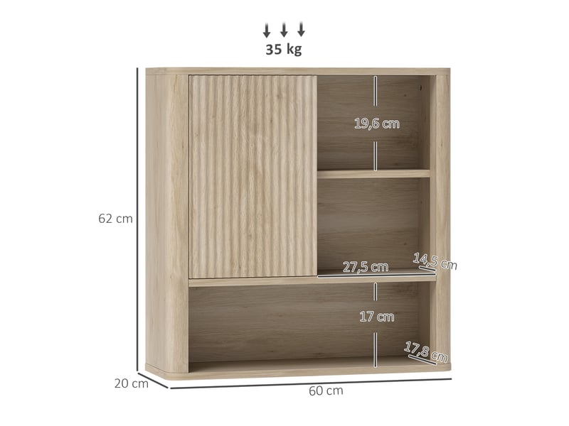  Armoire murale salle de bain avec étagères réglables, bois naturel, porte coulissante et étagères ouvertes  - Conforama C