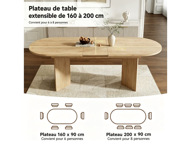  Table à manger extensible 160–200 x 90 x 75 cm, avec bords arrondis, plateau épais, pour 6 à 8 personnes, chêne  - Conforama E