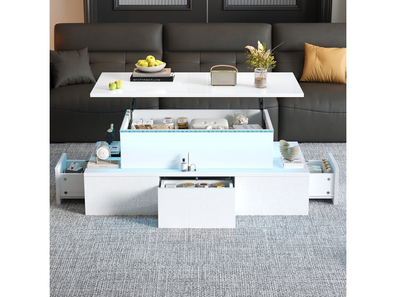  Table basse relevable 100x50x40 cm avec led, mdf blanc brillant  - Conforama C