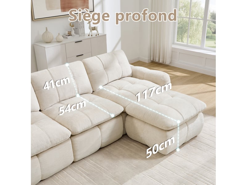 Canapé modulable en u 4 places avec 2 ottomans, en chenille beige - Conforama D