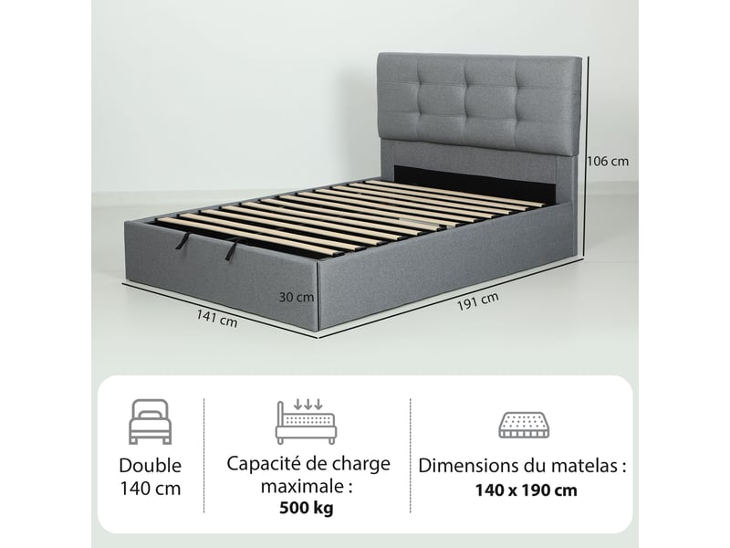  Lit coffre 140x190 capitonné gris avec tête de lit rembourrée et rangement sous sommier  - Conforama E