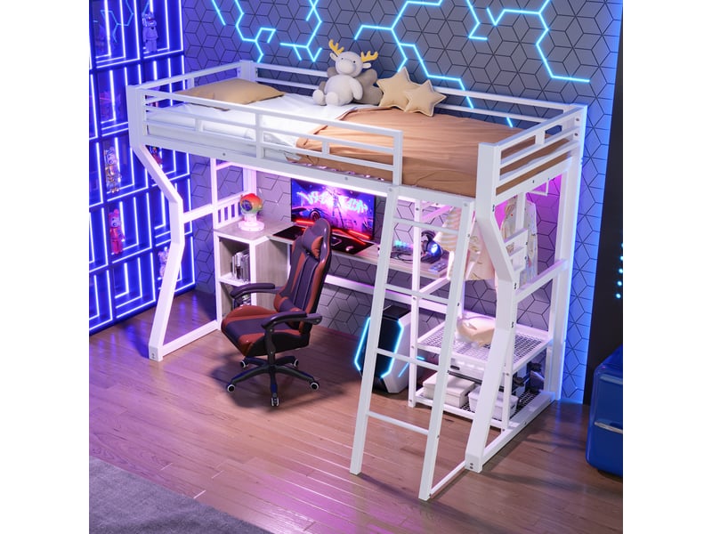  Lit mezzanine 90 x 200 cm avec rangements intégrés, bureau intégré, éclairage led, en mdf et métal – blanc, matelas non inclus  - Conforama C