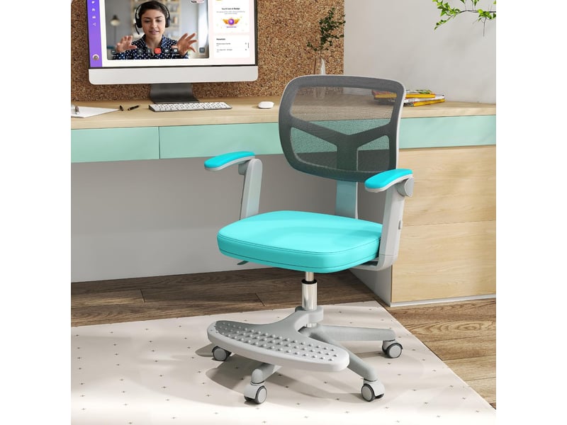 Chaise bureau enfant, chaise d'étude mobile avec hauteur réglable 41-52cm, repose-pieds, accoudoirs rabattables, coussin amovible doux (vert) - Conforama B