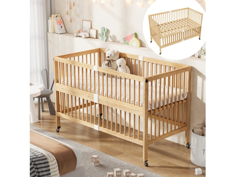 Lit enfant 70 × 140 cm 1 place à roulettes, barrière rabattable et hauteur réglable, sans matelas, bois naturel - Conforama D