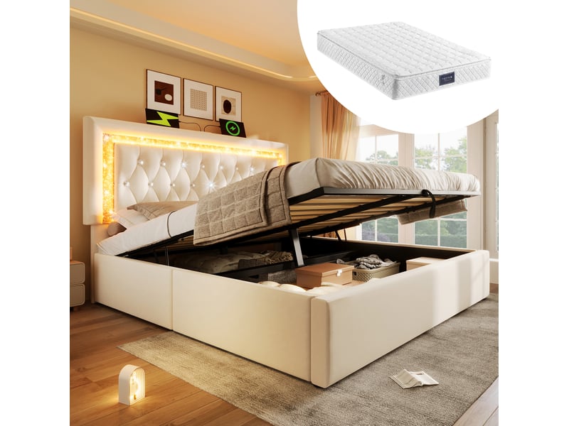 Lit coffre 160x200 avec led, usb et type-c avec matelas cravdom - Conforama B