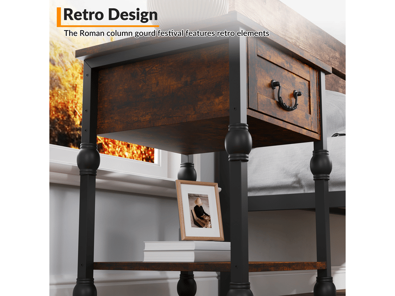  Table d'appoint industrielle tiroir, bout canapé, table chevet carrée, étagère 2 niveaux, mdf métal,  style rétro vintage PHO_15T6NR82 - Conforama E