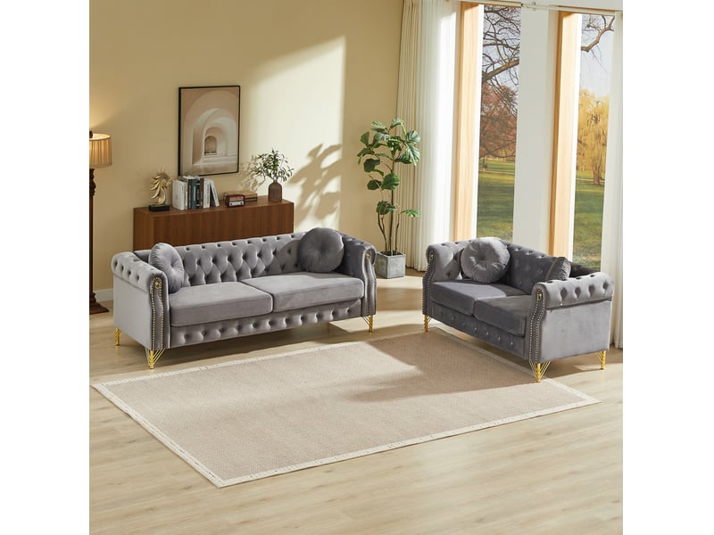  Canapé 3+2 places en velours gris avec pieds métalliques dorés  - Conforama B