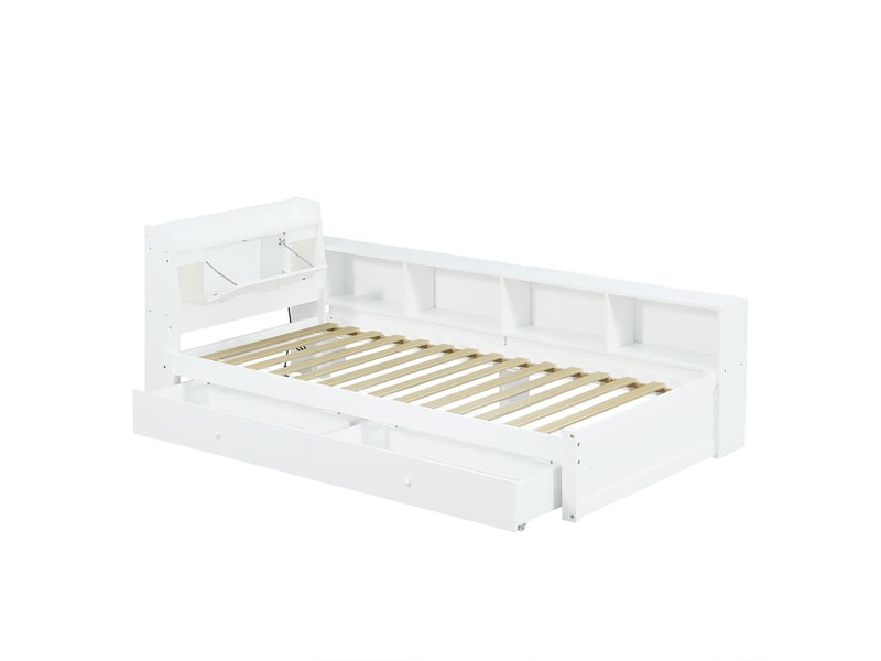  Lit enfant 90x200 cm avec 2 tiroirs, rangement, 2 lampes et prise, en bois blanc, sans matelas  - Conforama D