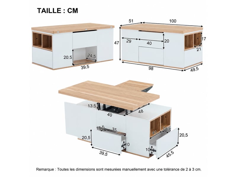  Table basse relevable multifonction avec tiroirs et rangement, plateau extensible, 100x51 cm, bicolore blanc et bois  - Conforama C