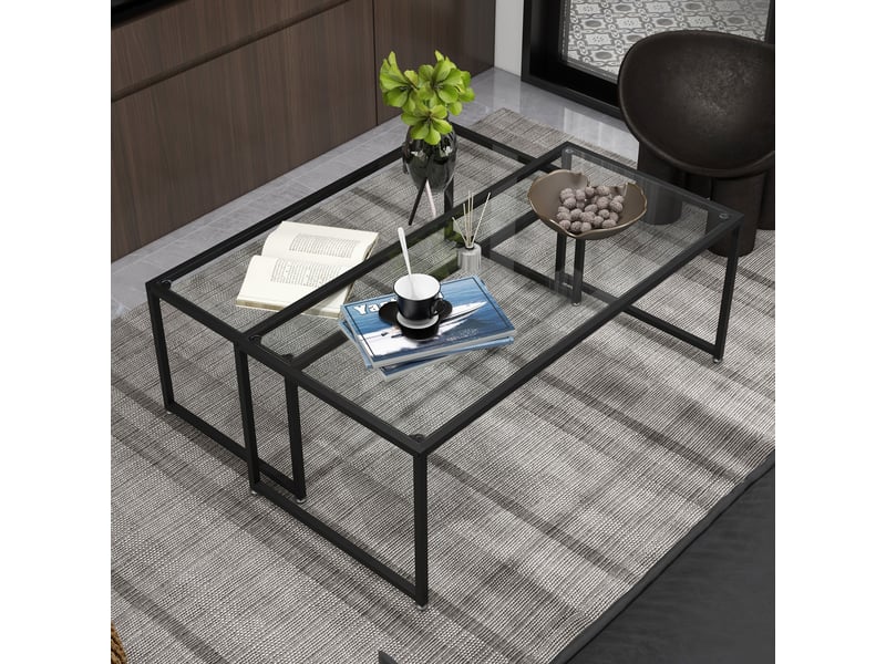 Tables basses gigognes avec 2 plateaux en verre trempé et pieds réglables pour salon et chambre, acier, transparent - Conforama B
